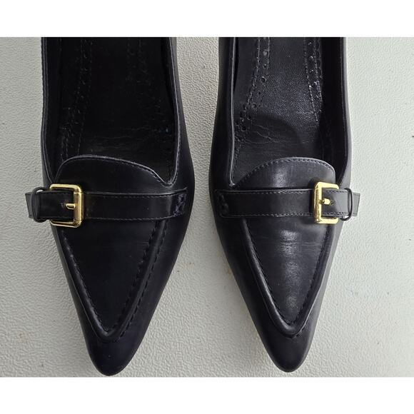 BROOKS BROTHERS Leather 7.5 Kitten Heels Buckle Pointed Toe Italy Bluish Black - Picture 4 of 12